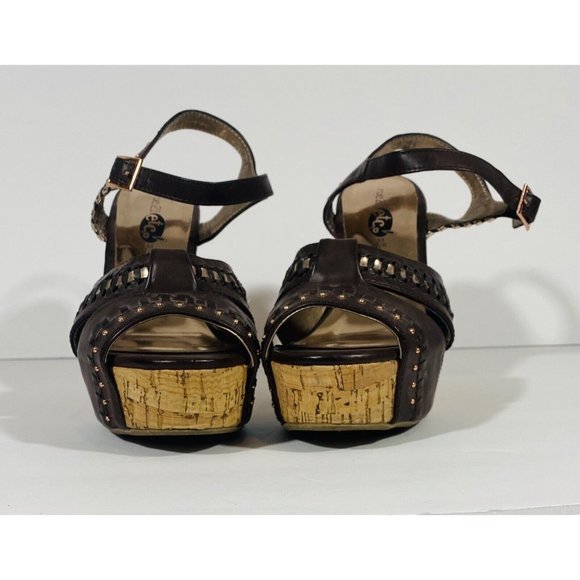 Rue21 Etc Shoes Wedge Open Toe Brown Sandal Wedge Heel Sz 7/8 Ankle Strap Studs - Picture 8 of 10